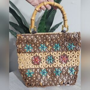 Vintage Wooden Flower Handbag with Bamboo Handle Boho
